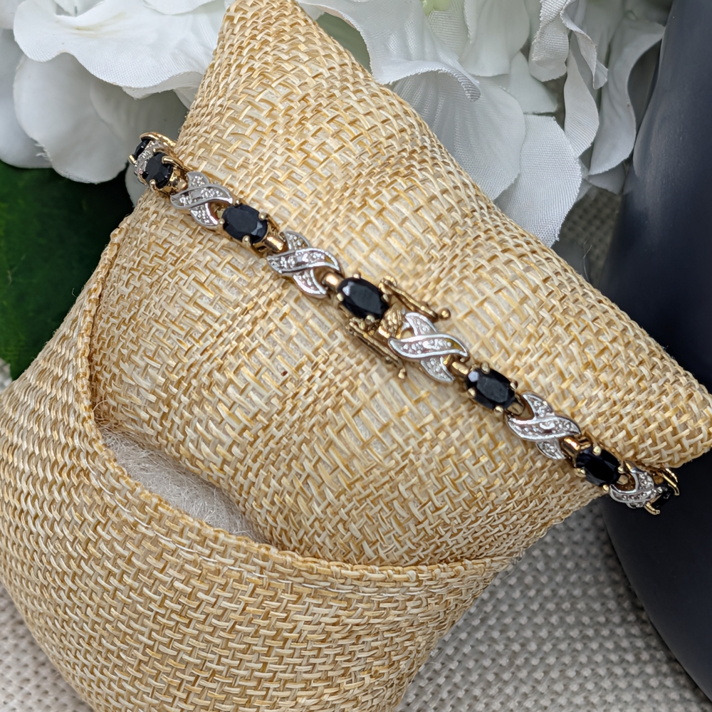Vintage 925 Sterling Silver Gold Vermeil Black Onyx Bracelet | 7.25" | 12.2g - Picture 4 of 17